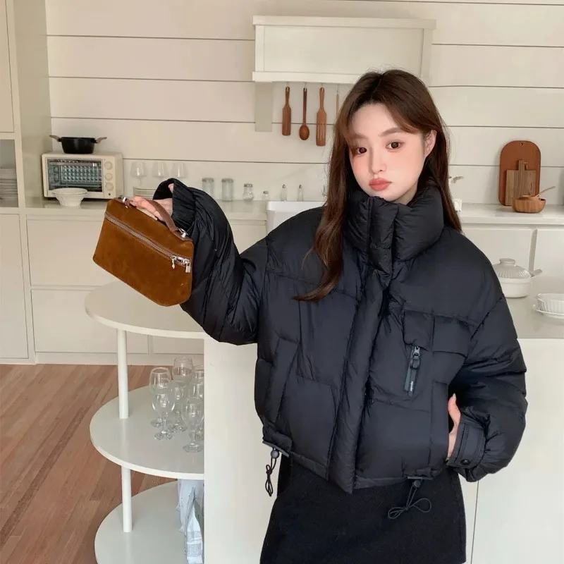 الشتاء الأبيض بطة أسفل سترة منتفخة للنساء الدافئة الوقوف طوق قصيرة أسفل معطف طويل الأكمام أعلى الرباط أسفل سترة النساء #2