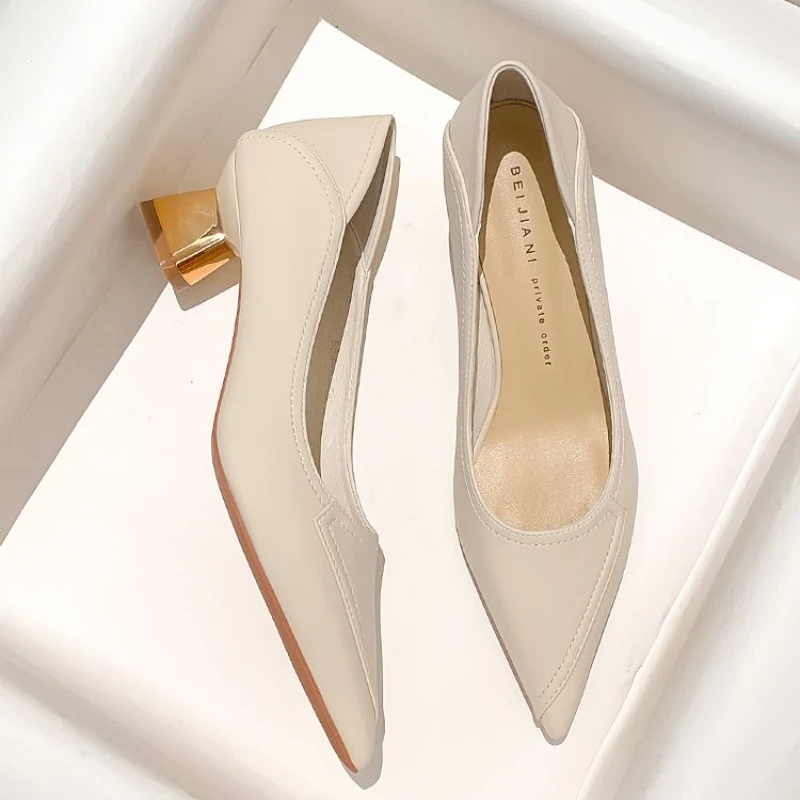 With Medium Heels Formal Sexy Pointed Toe Woman Footwear Block Heel Beige Shoes for Women Square L Spring Korean Style Lastest E