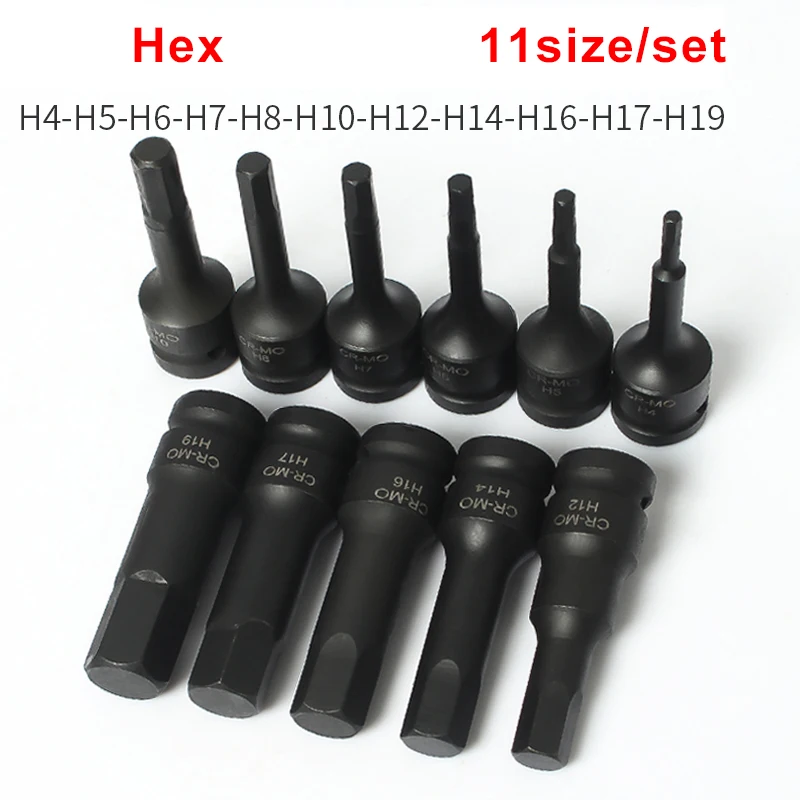 

11pcs 1/2" Drive Pneumatic Squar Driver Socket Hexagon Head Screwdriver Bit H4 H5 H6 H7 H8 H10 H12 H14 H16 H17 H19 78mm Length