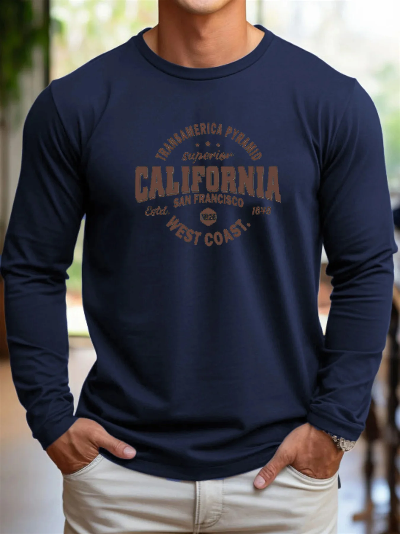 100% Pure Cotton Men's Long Sleeved Round Neck Loose Casual California Letter Printed Spring and Autumn Versatile T-Shirt Top