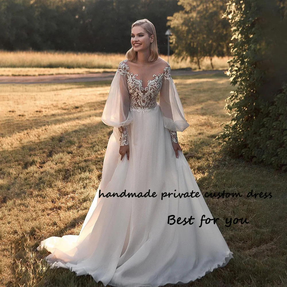 

Boho Wedding Dresses for Bride Long Sleeve V Neck Lace Appliques Bridal Gowns A Line Long Wedding Bride Dress