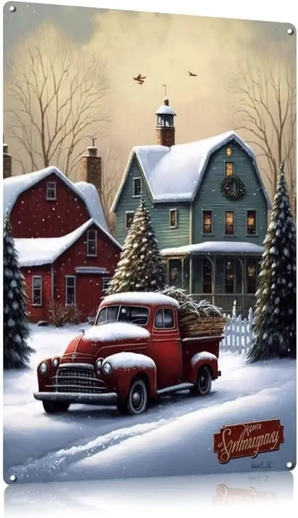 Vintage Metal Tin Sign Christmas Sign, Retro Christmas Snowy Driving Decor, Christmas Wall Decoration Plaques 8x12 Inch sign