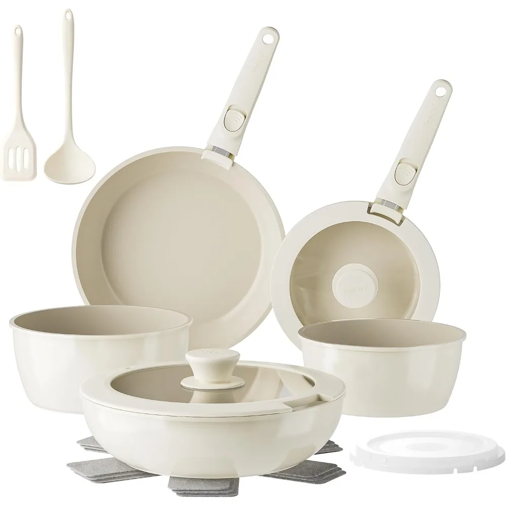 

Pans and Pots Set Nonstick, Ceramic Cookware Set with Detachable Handles, Healthy,Non Toxic, Kitchen Cookware Sets16Pcs, Induct