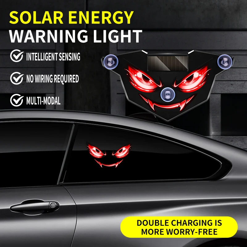 New Dynamic Devil's Eye Solar LED Warning Decor Light, Wireless No‑Wiring Multi‑Mode Safety Lamp for Car Rear Windshield