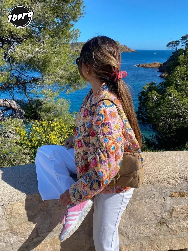 Chaquetas de algodón acolchadas con estampado para mujer, abrigo elegante de manga larga con cuello levantado y botonadura única, ropa de calle