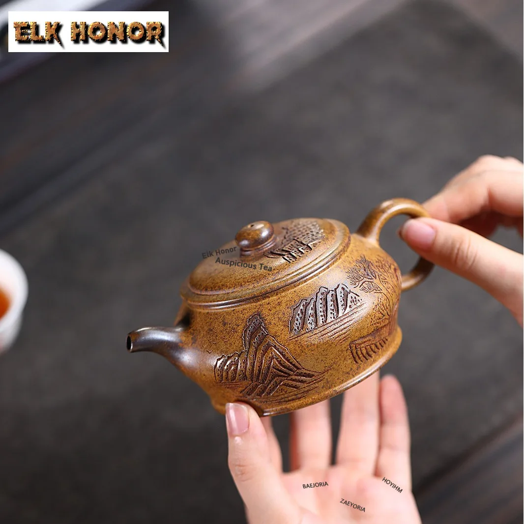 250ml Yixing Purple Clay Teapots Famous Artists Handmade Landscape Pot Raw Ore Wood-fired Mud Kettle Zisha Tea Set Ornaments