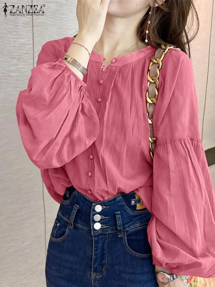 ZANZEA Women Solid Shirts Blouses Fashion Buttons Tops Elegant Long Lantern Sleeve Blusa 2024 Spring Stylish Chemise Oversize