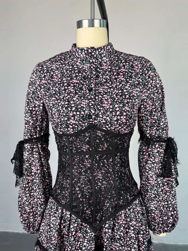 Damen-Minikleider mit Aufdruck, Taillenschnürung, Laternenärmeln, Kurzkleid mit O-Ausschnitt, Spitzen-Patchwork, Schlanker Schnitt, Partykleidung, Neu – Detail 6