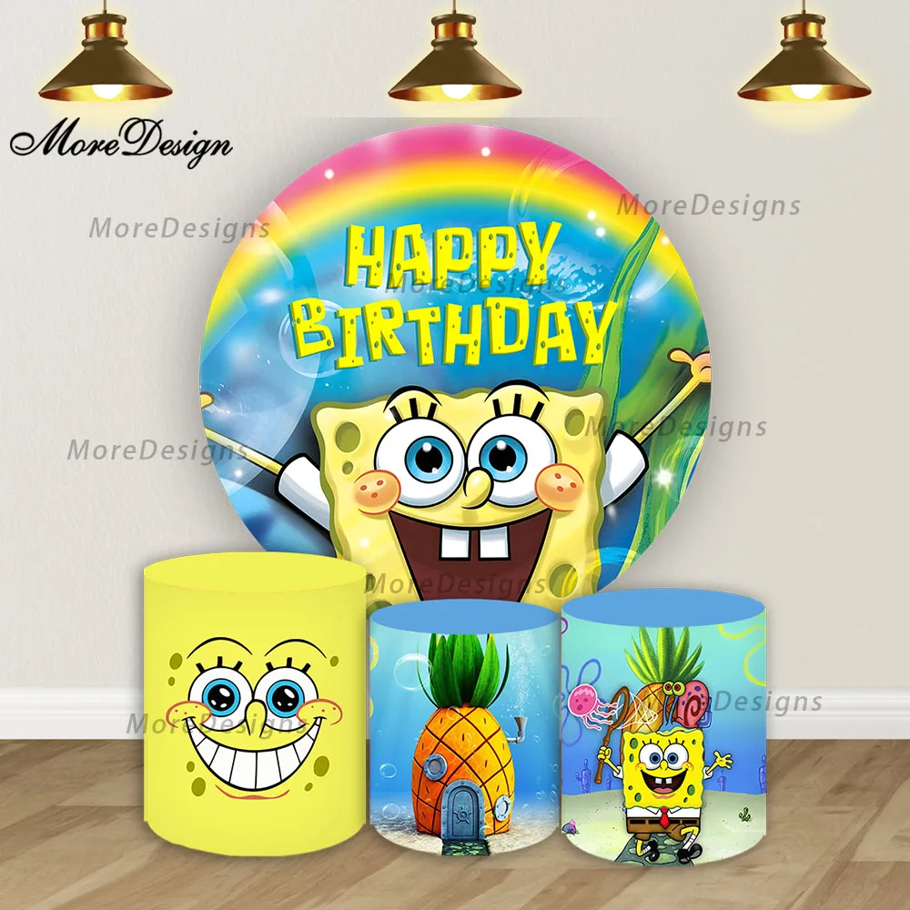 Bandai SpongeBob Cartoon Round Backdrop Baby Shower Cylinder Covers Supplies Props Kids Birthday Party Photography Background