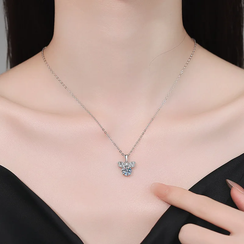 MOVESKI 1CT Round Cut Moissanite Bee Pendant Necklace 925 Sterling Silver, Baguette Pave Insect Dainty Necklace for Women Jewelr view 4