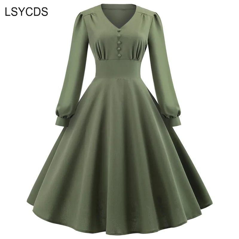 LSYCDS 2024 New V Neck Dresses for Women Elegant Vintage Long Sleeve Midi Dress Burgundy Casual Party A-line Dress Spring Autumn