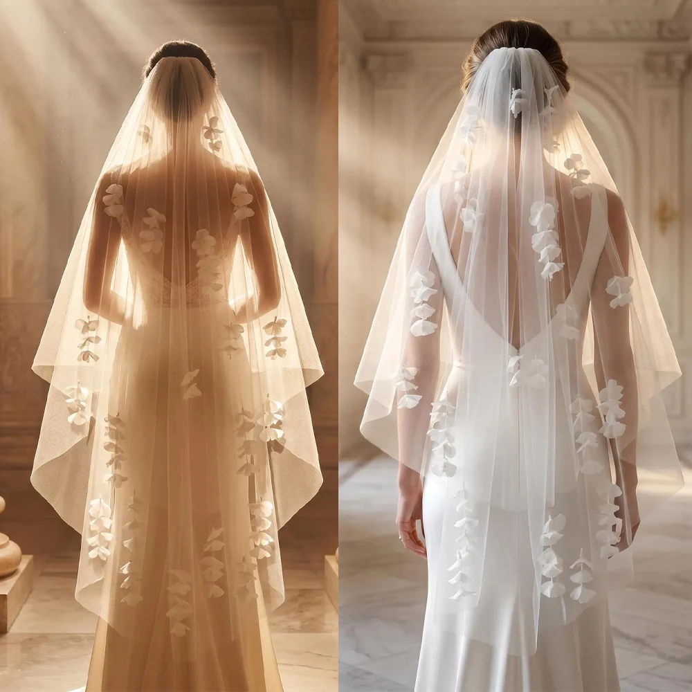 Romantic Bridal Veil 3D Handmade Flower Double Layer Formal Wedding Tulle Customized Bride Head Accessories Veils