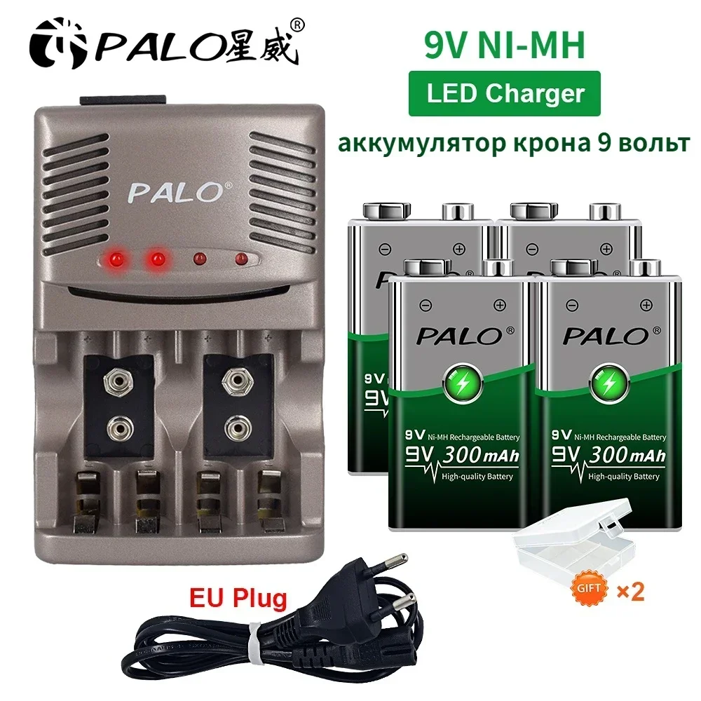 PALO 9V NiMH Rechargeable Battery+ LED Indicator Smart Charger For Multimeter Microphone Remote Control KTV Use Crown Krone