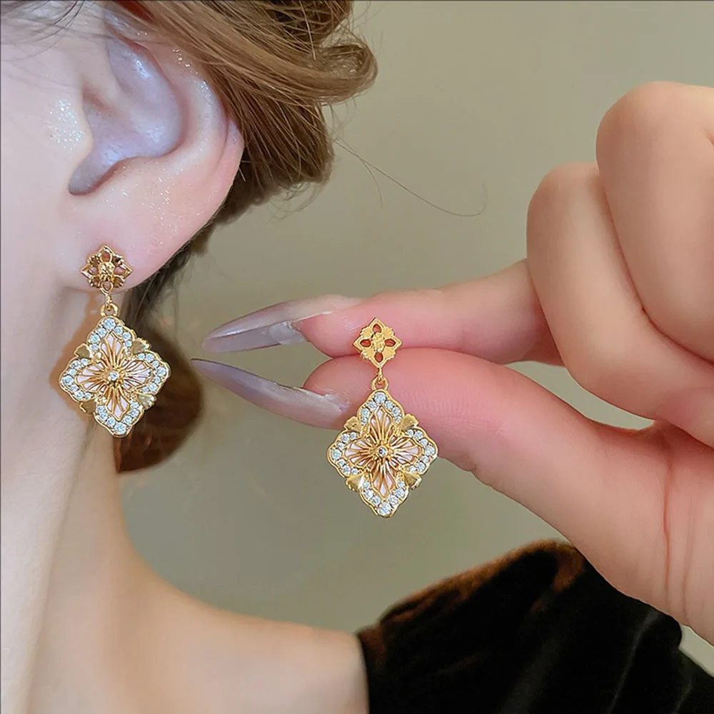 أقراط متدلية من الزركون على شكل زهرة فضية مطلية بالذهب الحقيقي، مجوهرات فاخرة خفيفة الوزن للنساء #5