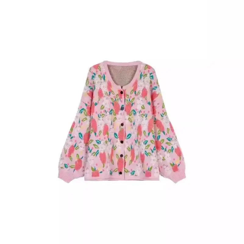 Suéter rosa con flores tridimensionales para mujer, cárdigan de punto suave y pegajoso retro de nicho de estilo perezoso holgado para primavera y otoño ﻿