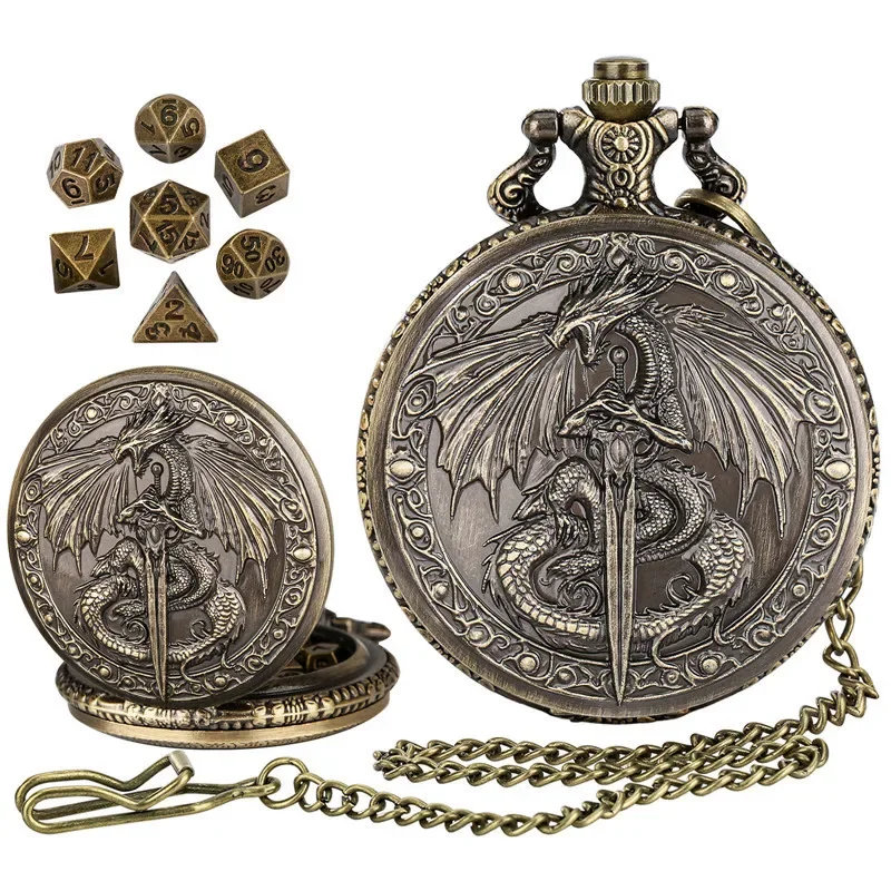 Retro 7 X Metal Polyhedral Dice Set for Entertainment Role Play Gaming Flying Draong with Sword Pocket Watch Case FOB Chain