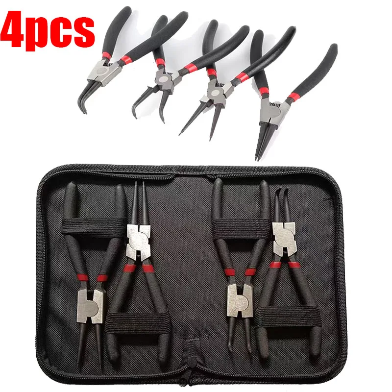 4Pcs 7 Inches Long Nose Plier Circlip Plier Set,Inner Outer Staight Bent,Plier Retaining Snap Ring Remover Tool