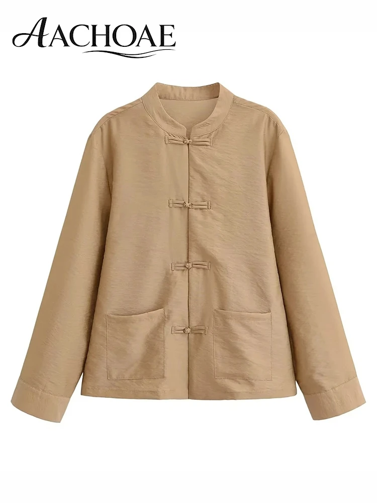 AACHOAE Women Vintage Mandarin Collar Jacket Chinese Style Button Front Top Elegant Loose Blouse Shirt Outerwear Chic Top