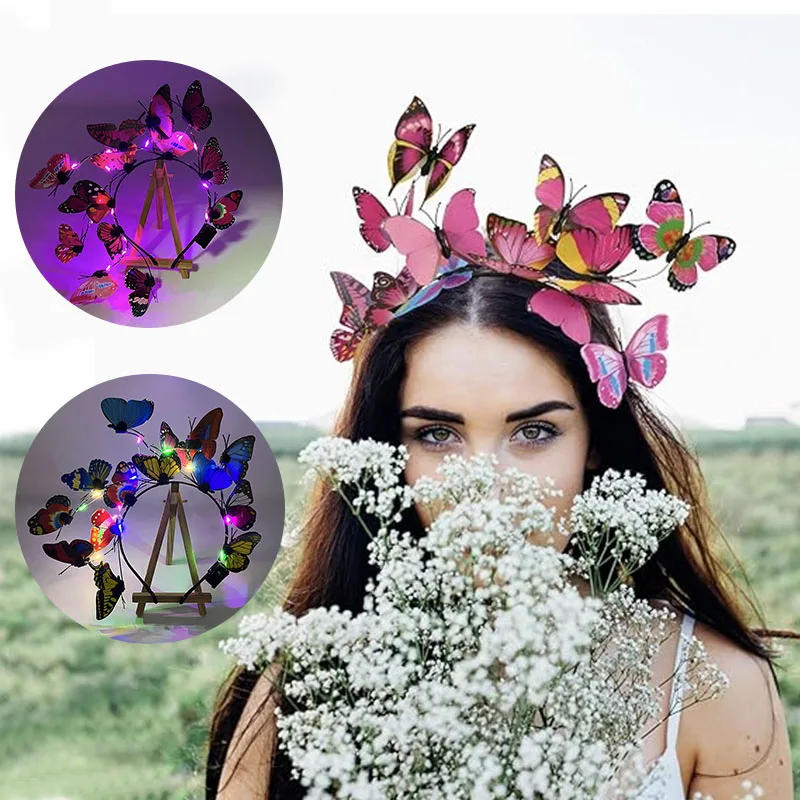 

Light Up Butterfly Headband For Girl Women LED Hairband Wedding Party Butterfly Fascinator Hats Chritmas Headpiece Costume