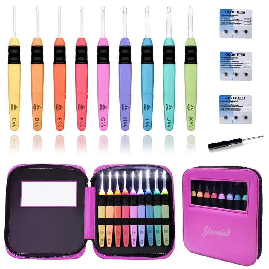

Light Crochet Hooks Set with Case,9 Size Light Up Crochet Hooks with Battery 2.5mm6.5mm,Glow in Dark Crochet Needle Set