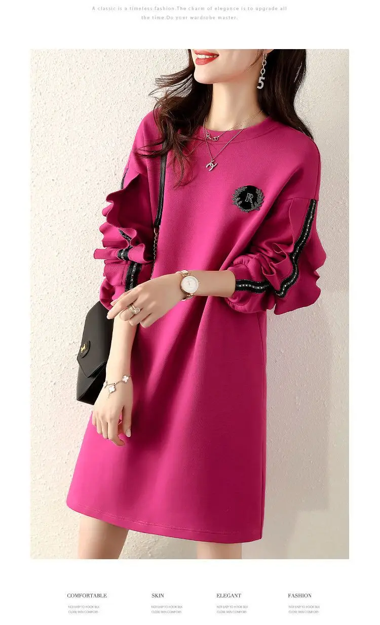 Spring Autumn New Simple Fashion Versatile Long Sleeve Medium Long Dress Lotus Leaf Sleeve Hoodie Rose Red Dress for Women