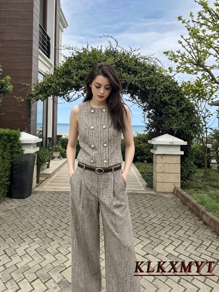 Women Fashion Plaid Sets Sexy O-Neck Double-Breasted Sleeveless Vest+With Belt Wide-Leg Pants Summer Autumn Office New 2 Pieces - view 5