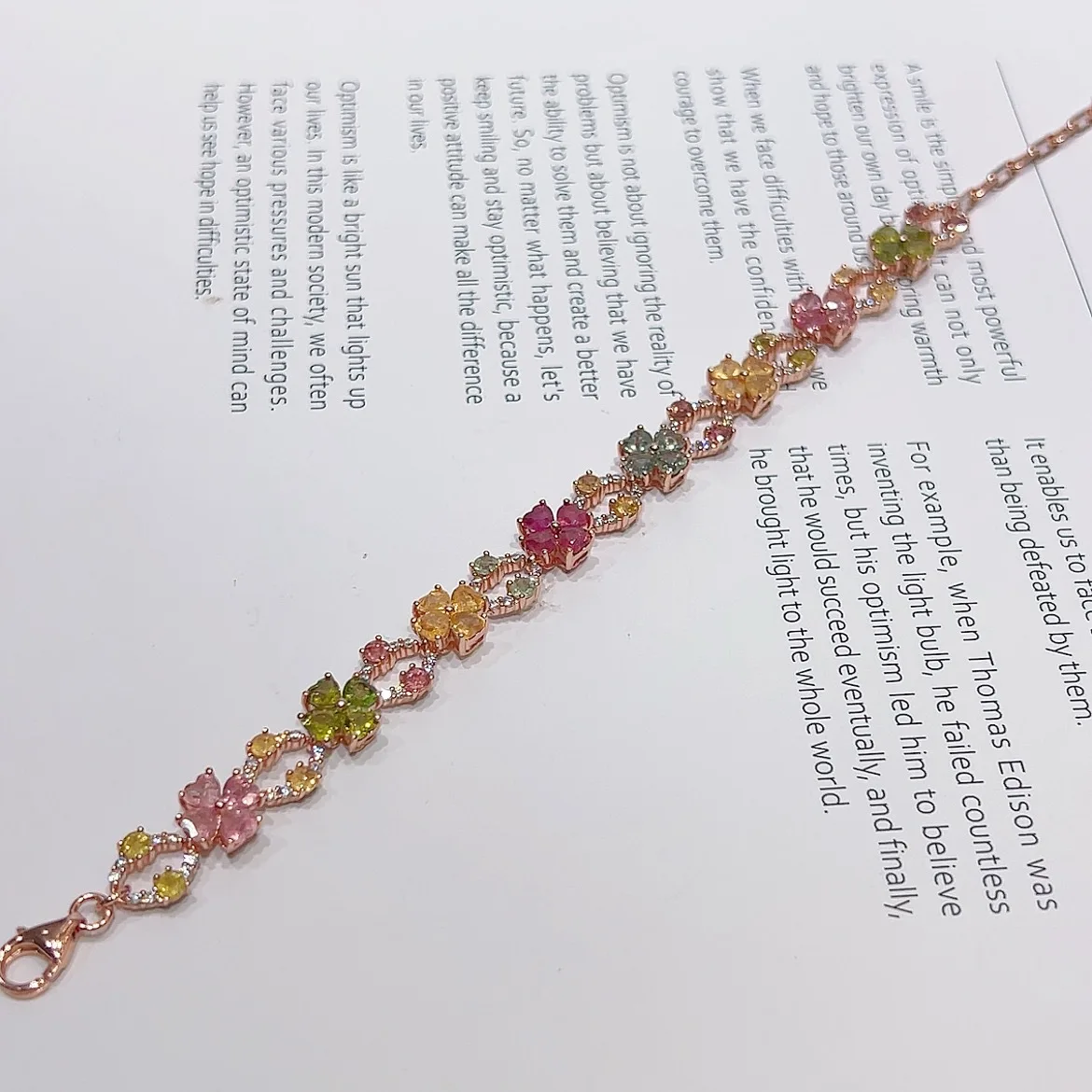 S925 Sterling Silver Rose Gold Plated Natural Multi Color Tourmaline Bracelet Hollow Clover Flower Crystal Inlaid Daily Jewelry