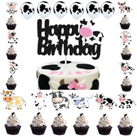 Cow Cake Topper Happy Birthday Cake Decoration Cupcake Toppers Farm Cow Theme Baby Shower Boys Girls Birthday Party Supplies