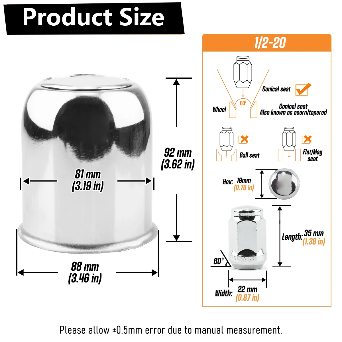 Rheedal 12/24PCS 1/2-20 Lug Nuts + 2/4PCS Push-Thru Center Caps 3.19 inch Push Through Wheel Center Caps Push Thru Steel Carbon