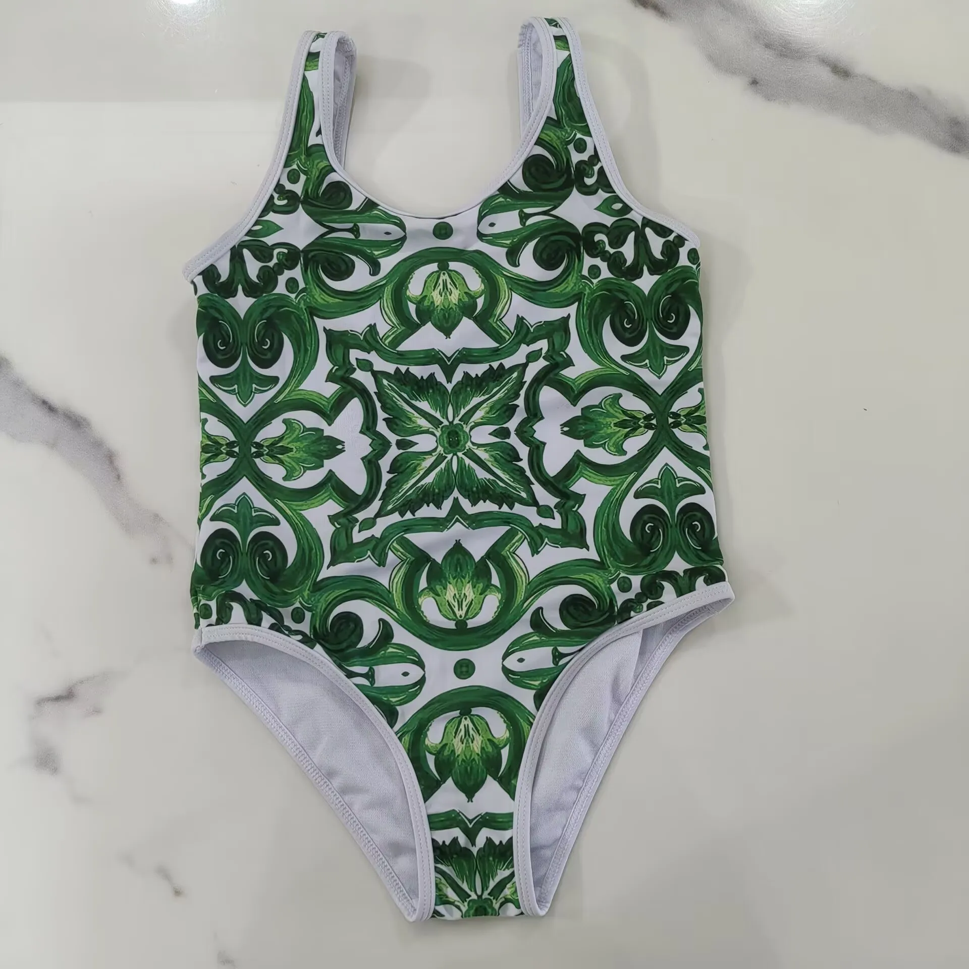 2026 New Children's Swimsuit Green Floral Pattern One Piece Swimsuit With Swim Cap for Girls Toddler Baby Girl Bathing Suit - view 4