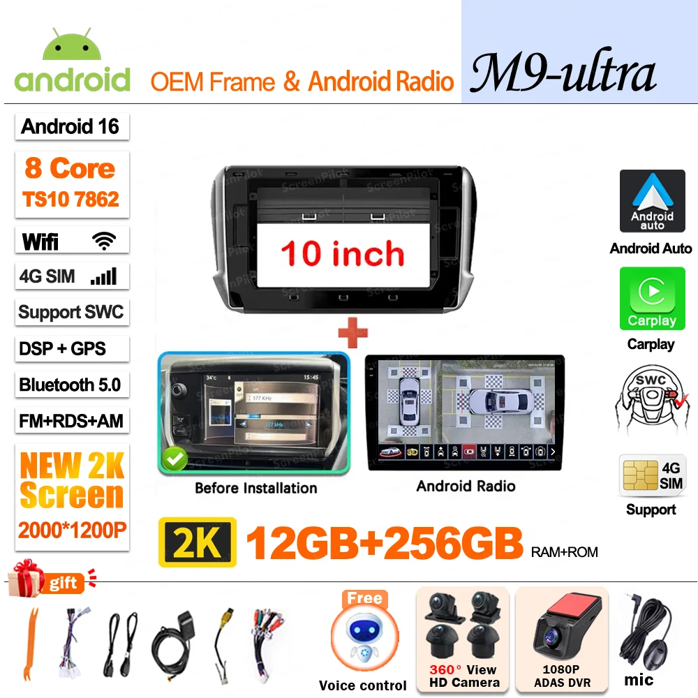 Autoradio Multimedia Speler Voor Peugeot 2008 208 2014-2018 Draadloze CarPlay Android 16 Auto Intelligente Systemen Autoraido gereedschap