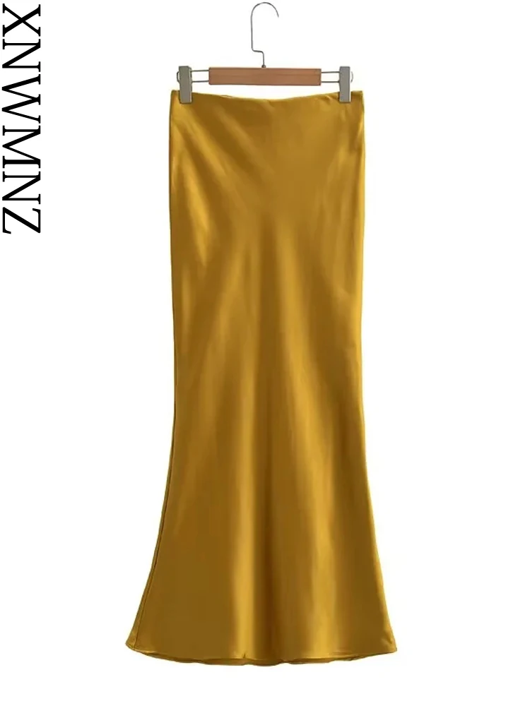 XNWMNZ 2023 Women Fashion Flowing Satin Long Skirt Woman High Street Elastic High Waist Slim Fit Versatile Female Chic Skirt