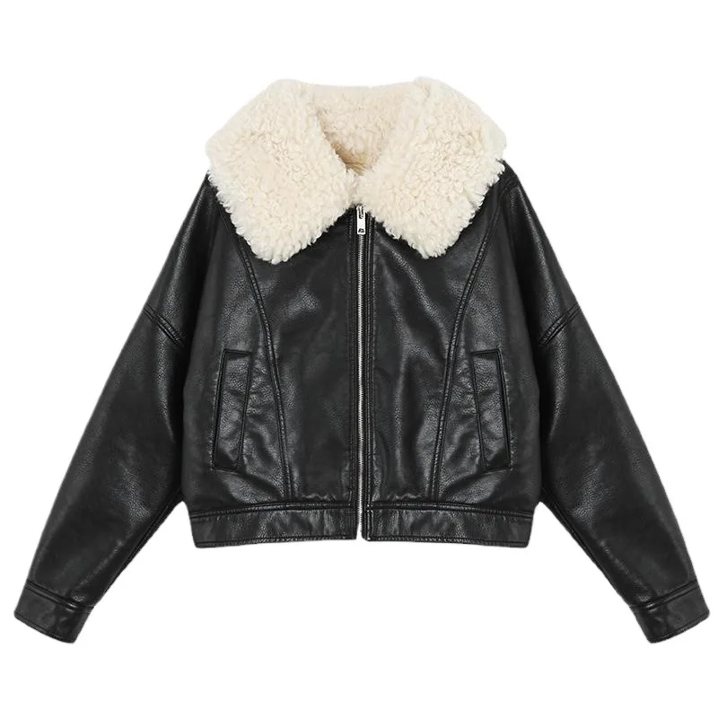 New Winter women\'s street clothing artificial lamb fur collar leather short jacket motorcycle thick warm sheepskin overcoat coat