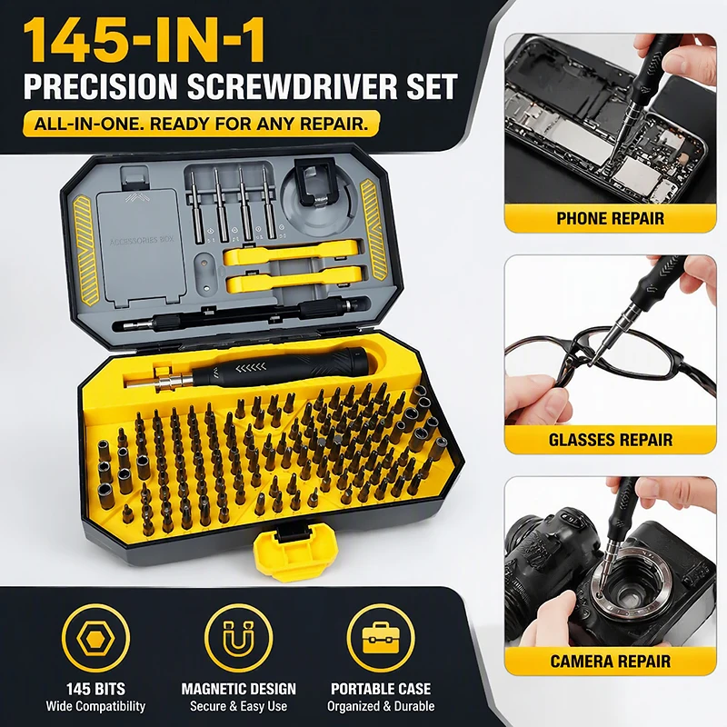 145 in 1 Magnetic Precision Screwdriver Set Professional Repair Tool Kit for Phone Tablet Laptop Computer Watch Electronics