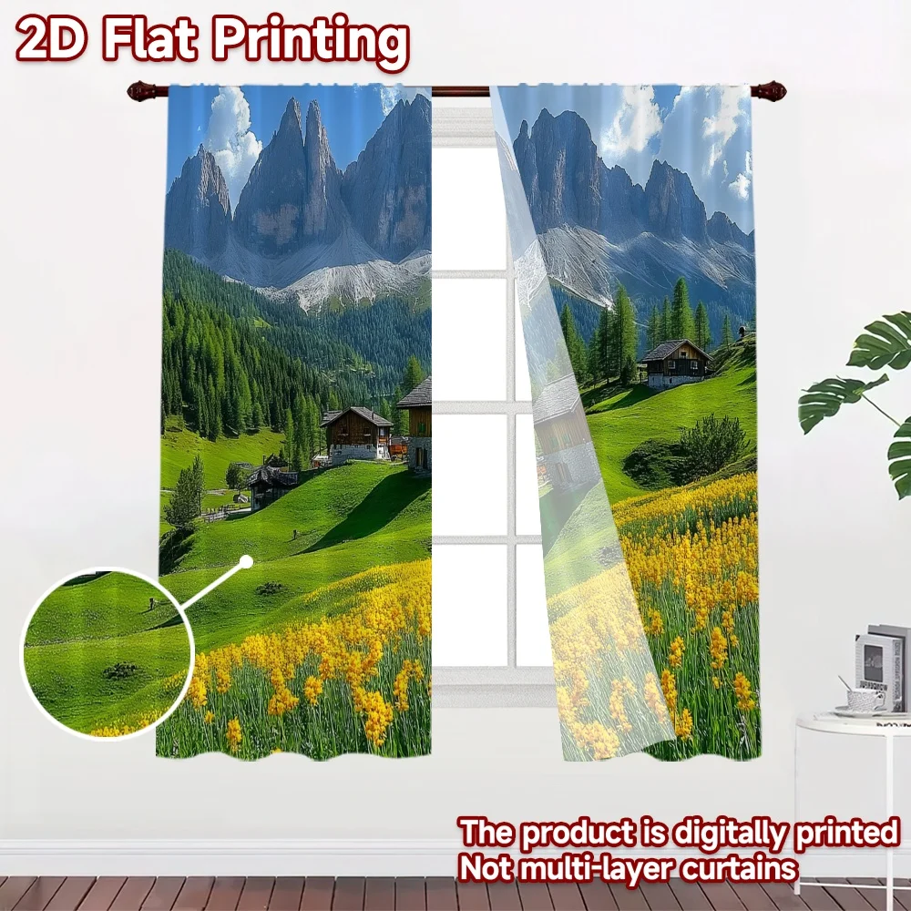 2D flat 2pcs Curtain Country Style Mountain Cabins Flower Meadow Digitally printed polyester, colorfast Party & Holiday Decor