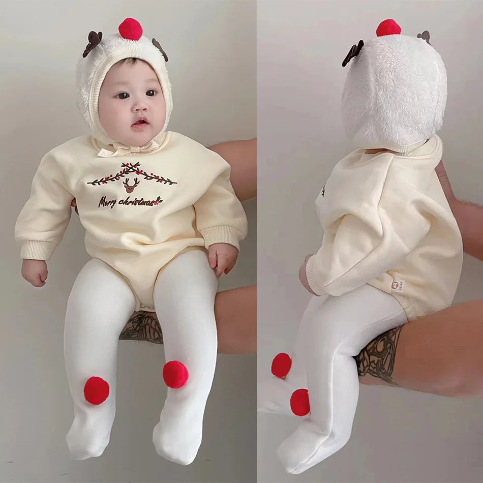 

Рождественский костюм оленя для ребенка, теплый комбинезон на флисовой подкладке, цельный детский комбинезон на зиму, милая рождественская одежда для ребенка