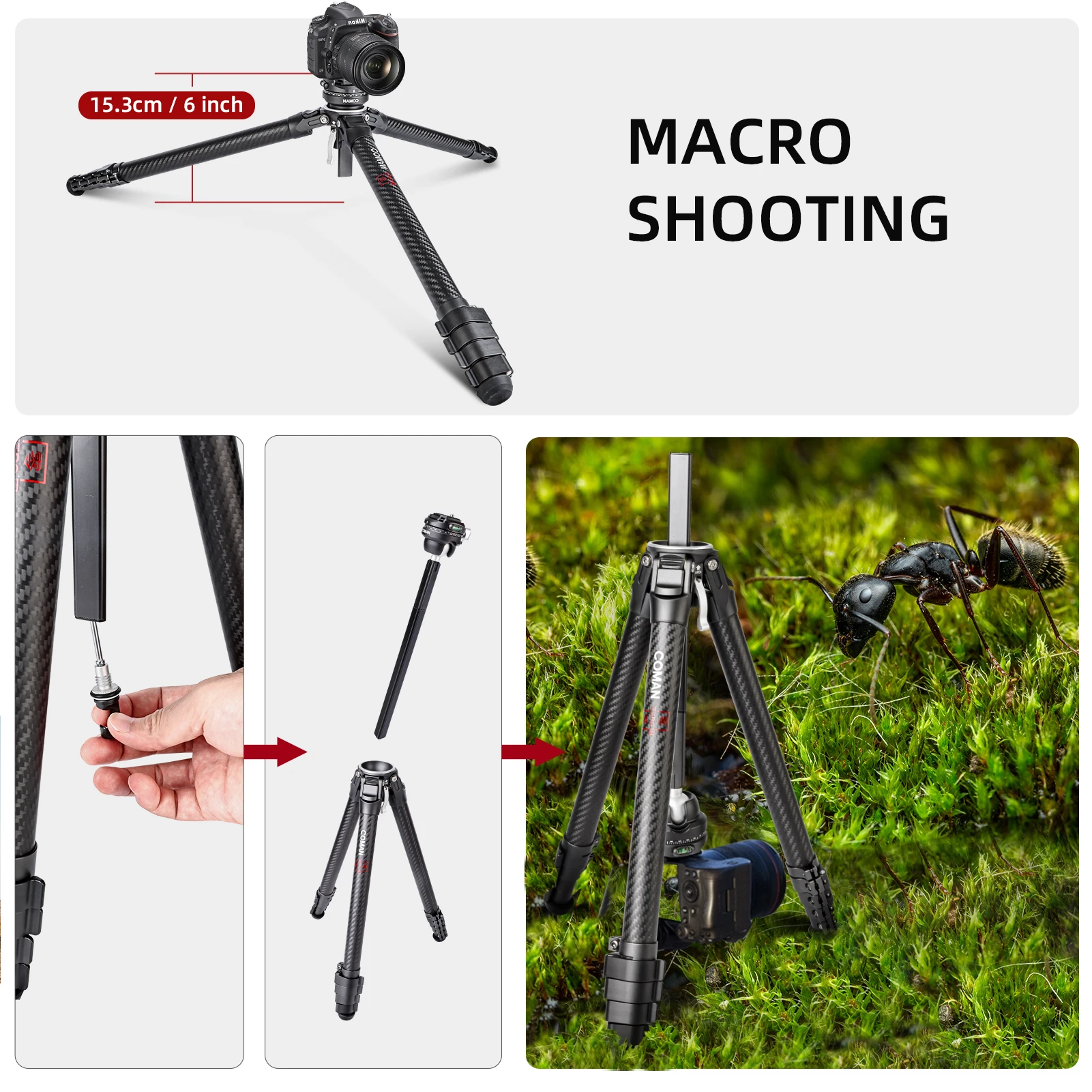 كومان زيرو F38 حامل ثلاثي من ألياف الكربون خفيف الوزن لكاميرا DSLR مع رأس كروي سريع الإصدار 1/4 بوصة عمود مركزي لولبي