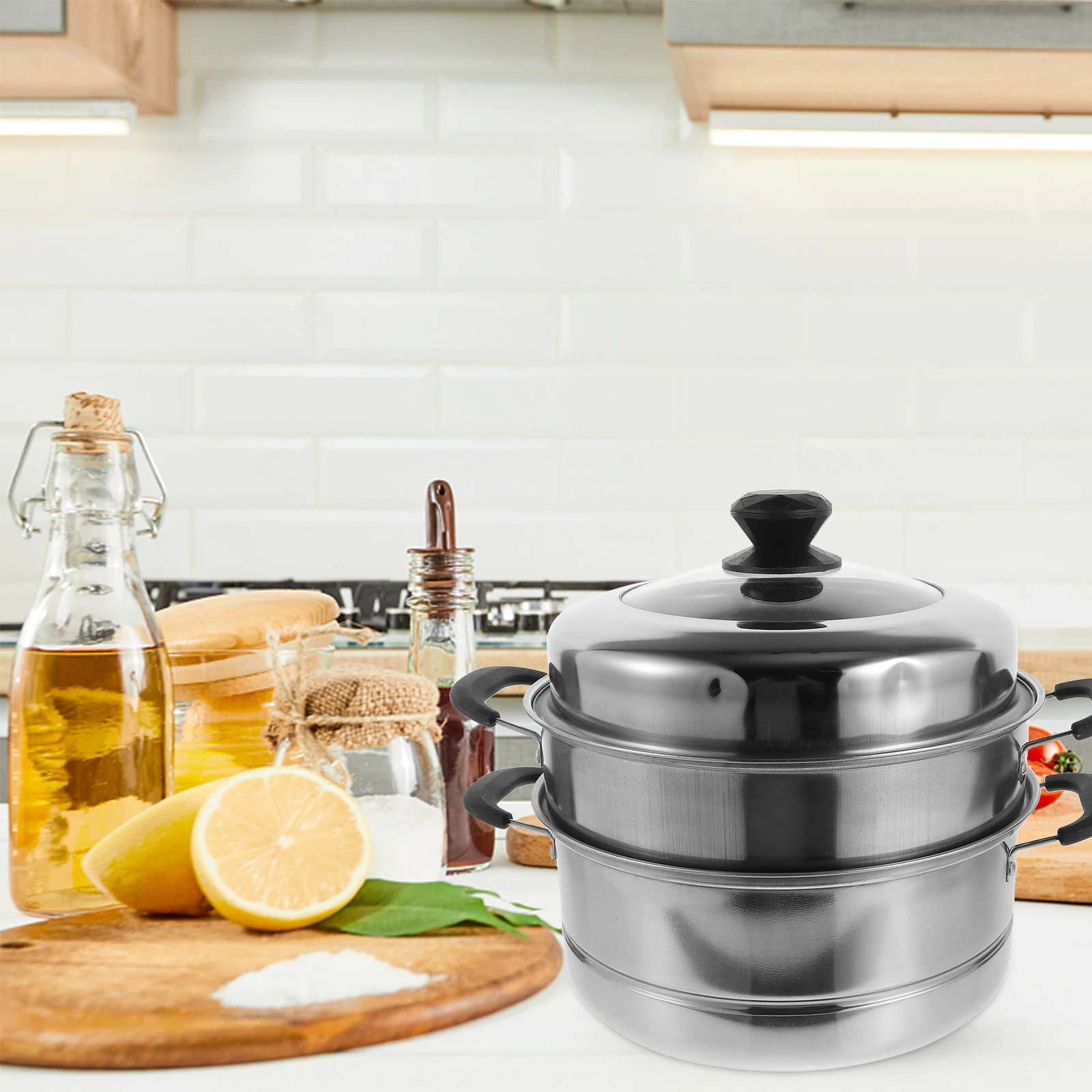 

Steamer Stainless Steel Pot Useful Steaming Soup Three Layer Stockpot for Home Stackable