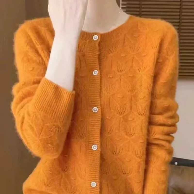Hollow knit cardigan women round neck heavy industry twisted loose long-sleeved air-conditioned shirt skin-friendly sweater coat