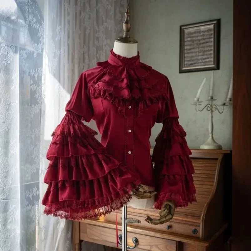 

Japanese Lolita Shirt Retro Goth Punk Lace Ruffle Edge Cute Horn Long-sleeved Top Y2K Subculture Sweet Slim-lined Shirt Women