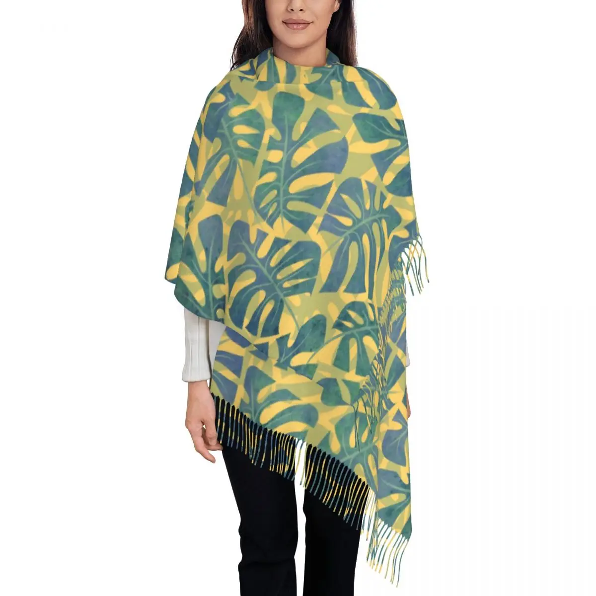 

Palm Leaf Scarf Unisex Blue And Yellow Head Scarves with Tassel Winter Luxury Brand Shawls Wrpas Warm Soft Custom Bufanda Mujer