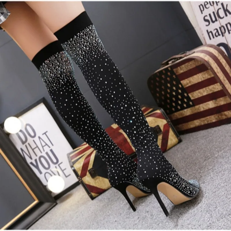 Jesienne buty do kolan 2024 Luxury Woman Shoes Rhinestone Pointed Toe Sexy High Heels Plus Size 43. Thigh High Sock Botas De Mujer