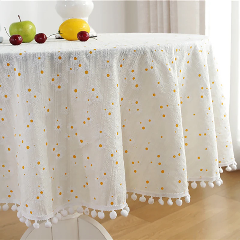 Cotton Table Cloth Round Tablecloth with Tassel Dust-Proof Floret Circular Table Cover for Kitchen Dinning Room Tabletop Decor