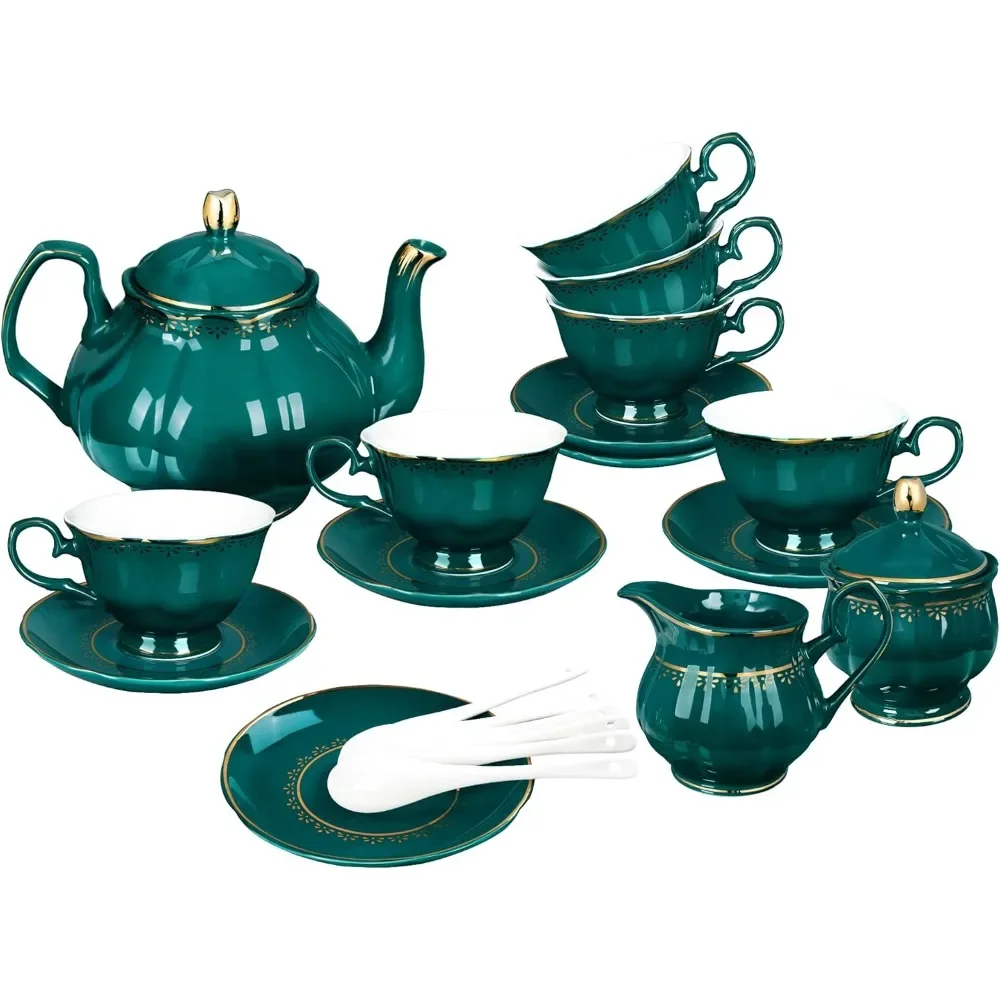 21 Piece Vintage Porcelain Tea Set, Dark Green China Coffee Service for 6, Teapot, Small Tea Cup with Gold Trim, Tea Sets