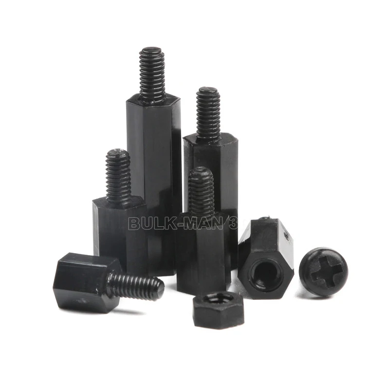 180pcs/Set M3 Nylon Black Hex M-F Spacers Column Flat Head Plastic Spacing Screws Nuts