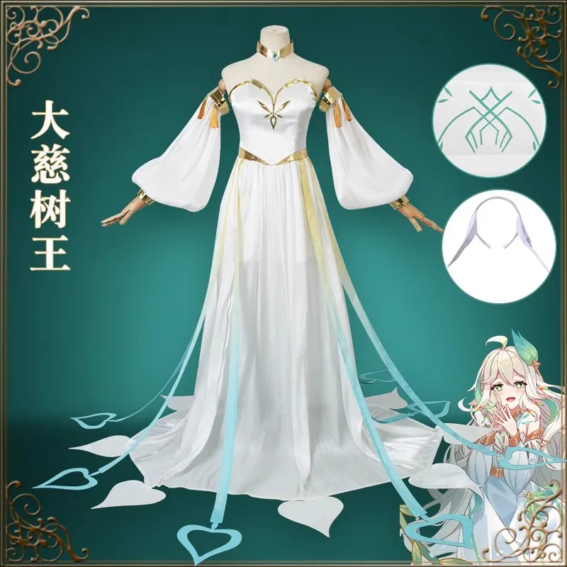 

The Greater Lord Rukkhadevata Cosplay Costume Game Genshin Impact Nahida White Long Dress Wig Uniform Party Outfit Women Suit