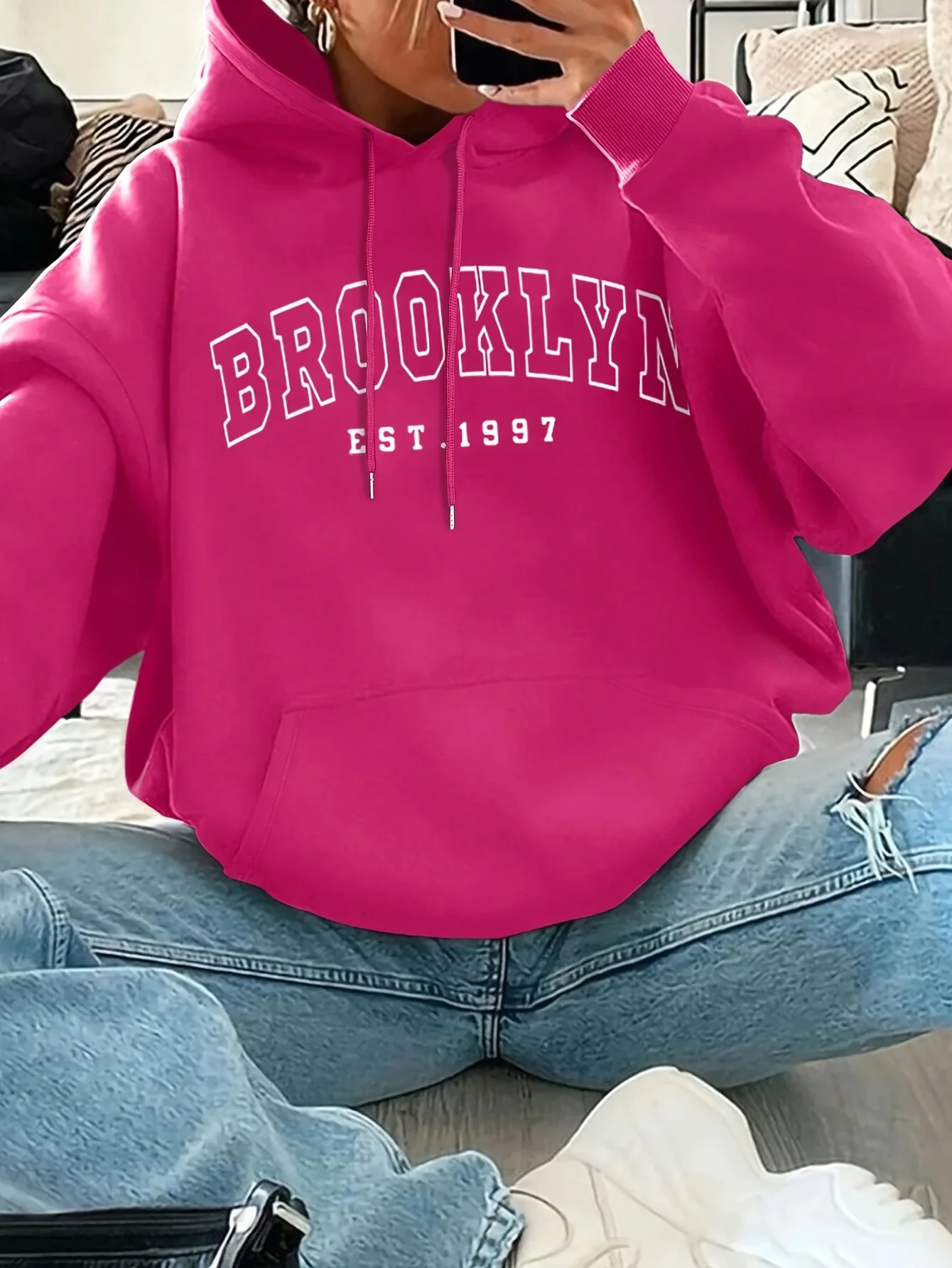 Basic Polyester Hoodie Alphabet Print 100_ Polyester Women Autumn and winter Comfortable Pullover Crewneck Loose Female Clothes