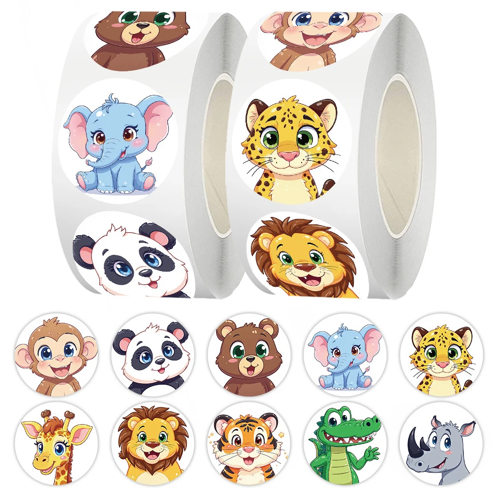 500 pegatinas de animales de dibujos animados Kawaii en rollo, calcomanías bonitas de tigre, león y panda, pegatinas DIY para monopatín, casco, maleta, etiquetas de recompensa