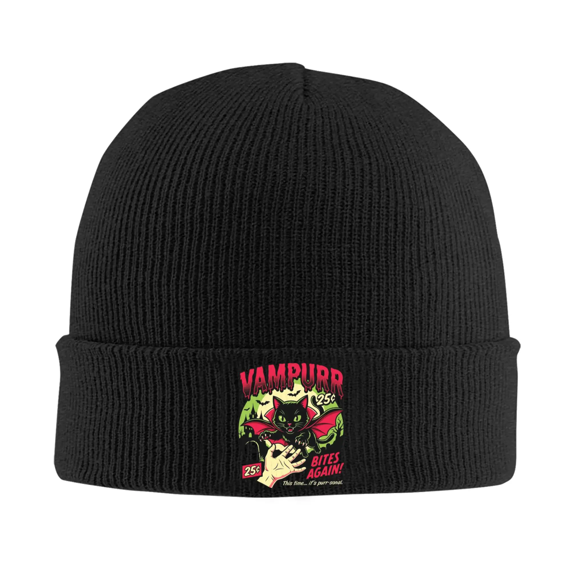 Vampurr Bites Again Halloween Vampire Cat Knitted Hat for Women Men Beanie Autumn Winter Hats  Warm Melon Cap