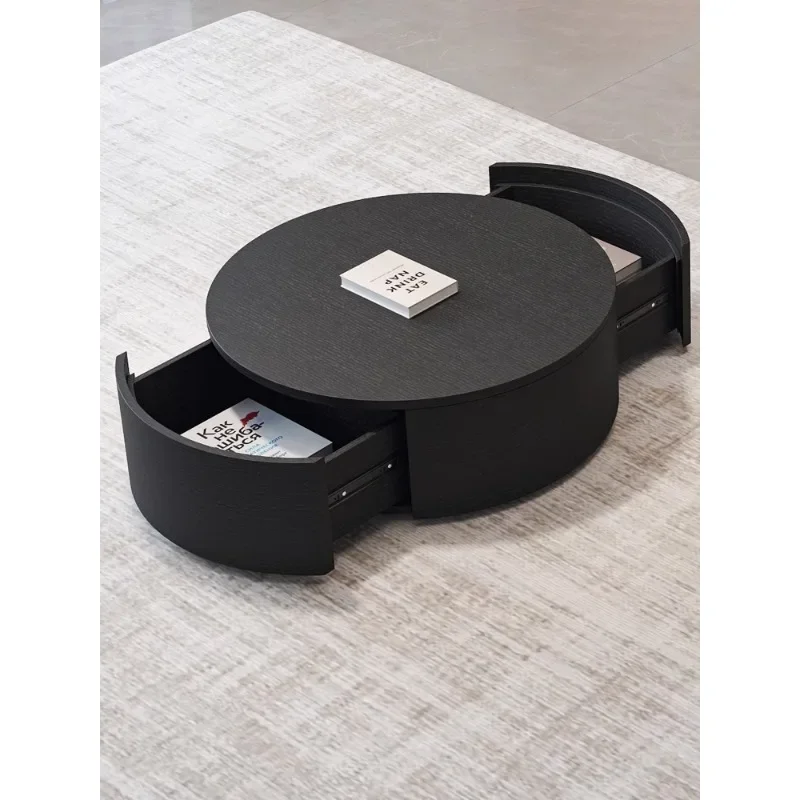 Modern simple black small apartment household living room coffee table minimalist round double drawer solid wood multi-layer cof